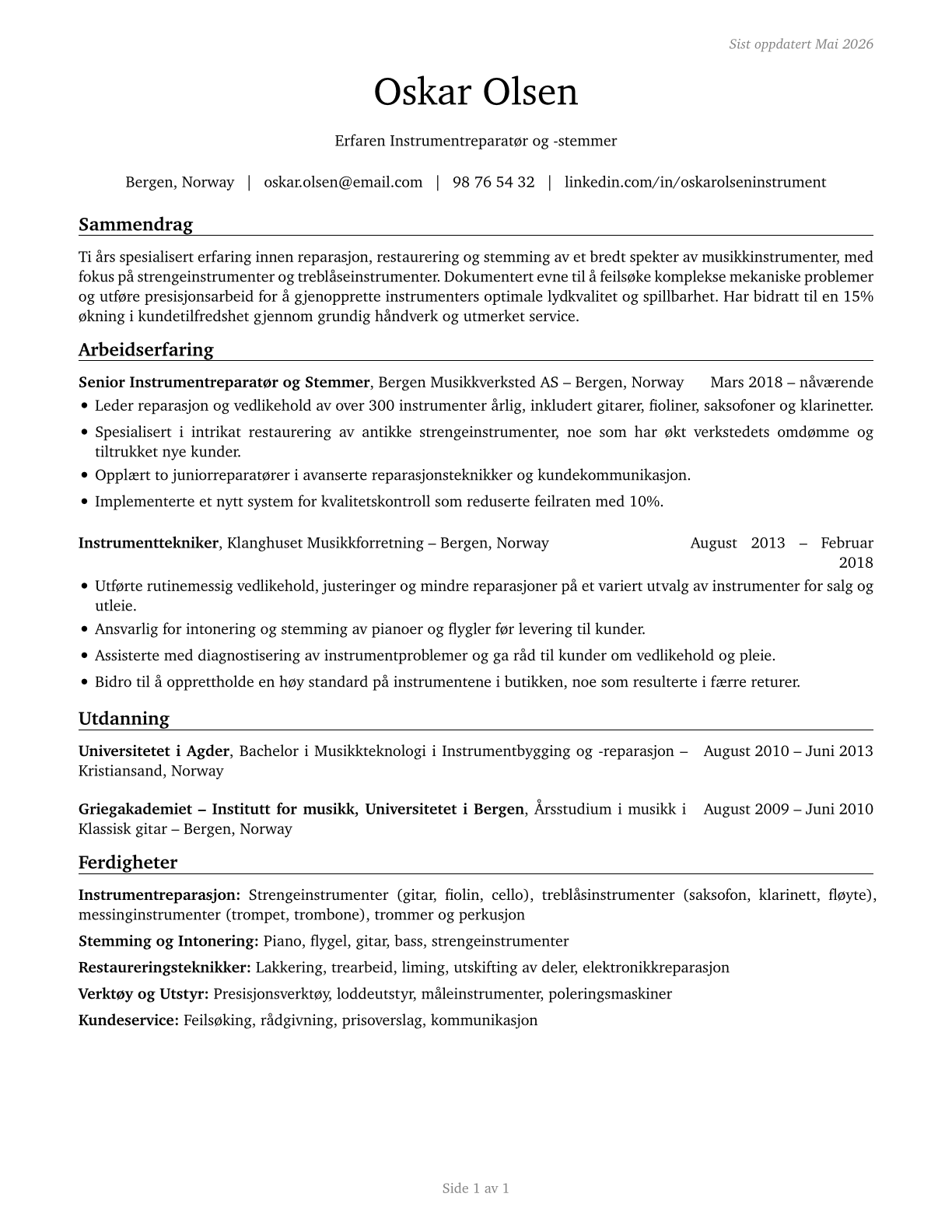Musical Instrument Repairers and Tuners CV in Norwegian_bokmal — page 1