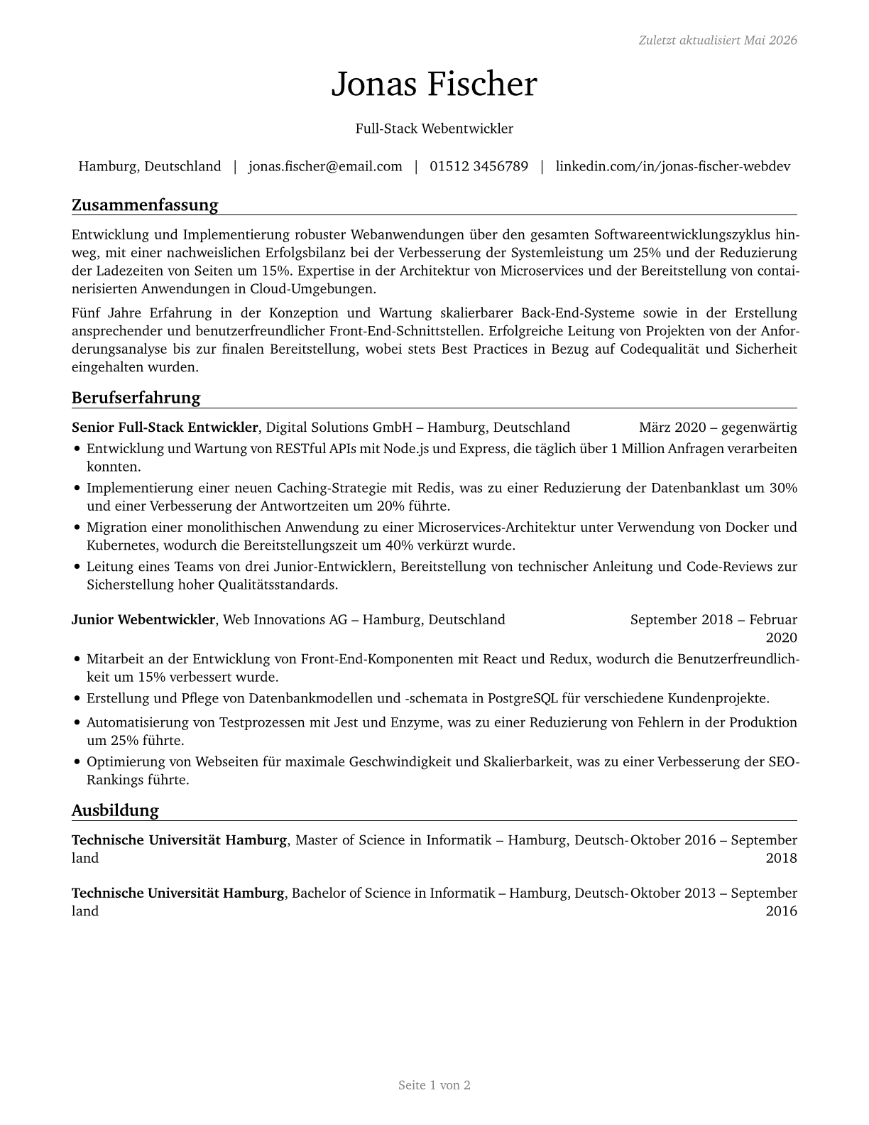 Web Developers CV in German — page 1