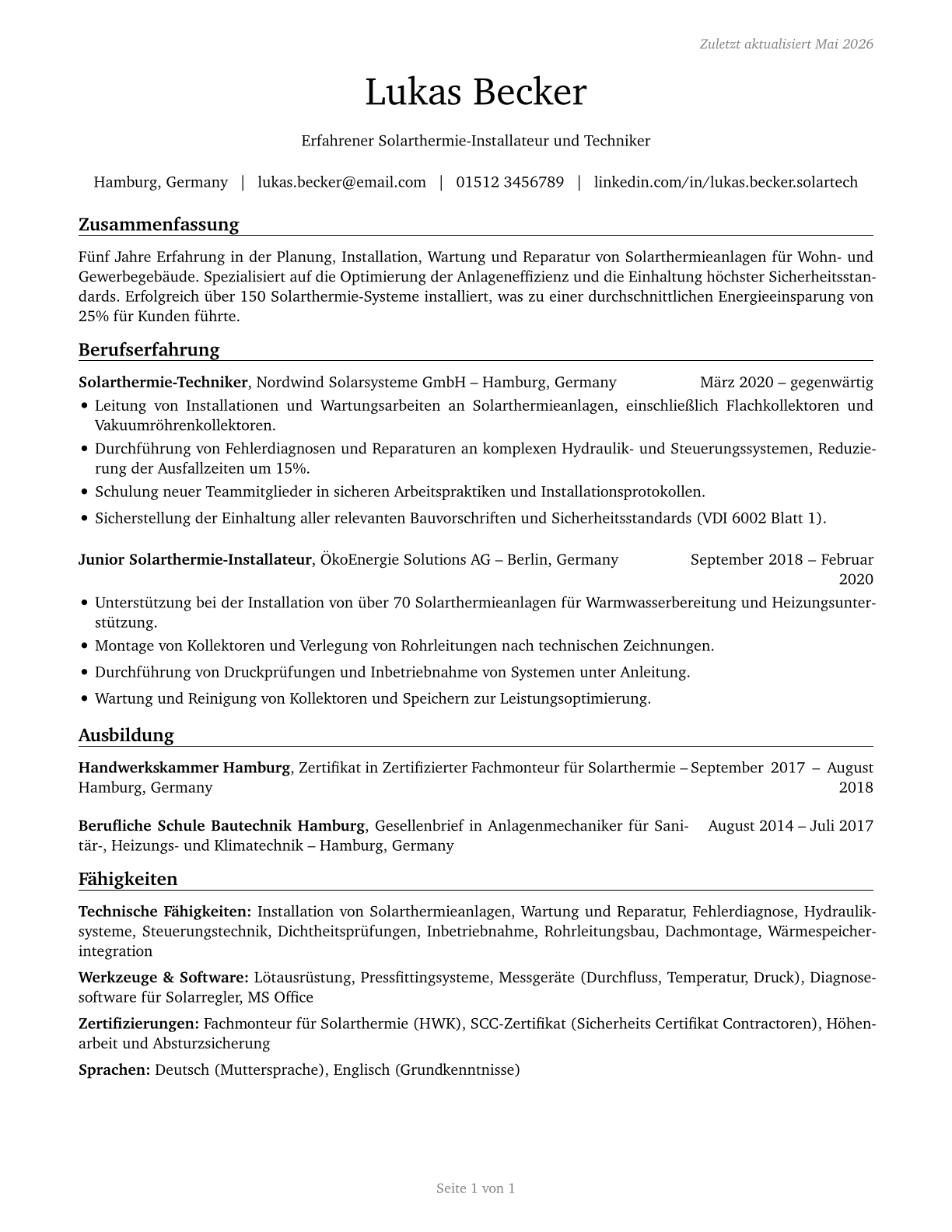 Solar Thermal Installers and Technicians CV in German — page 1