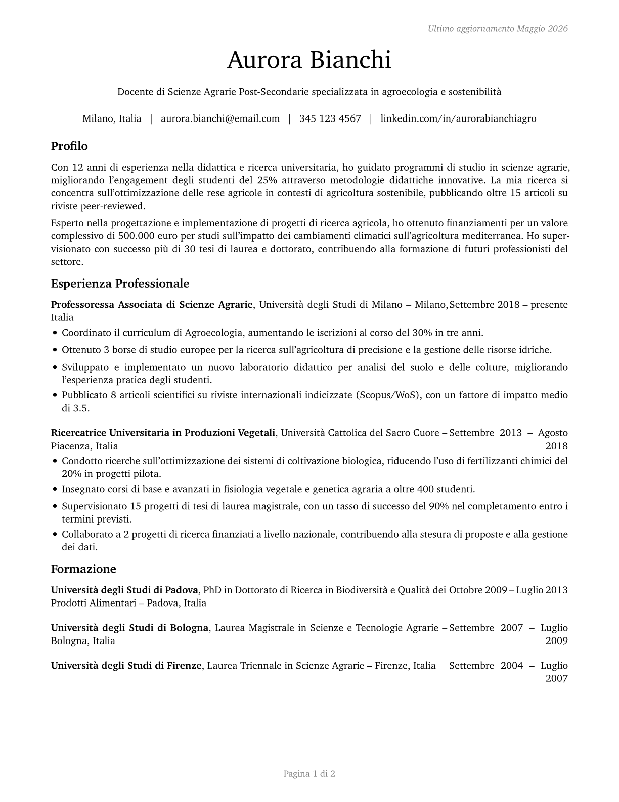 Agricultural Sciences Teachers, Postsecondary CV in Italian — page 1