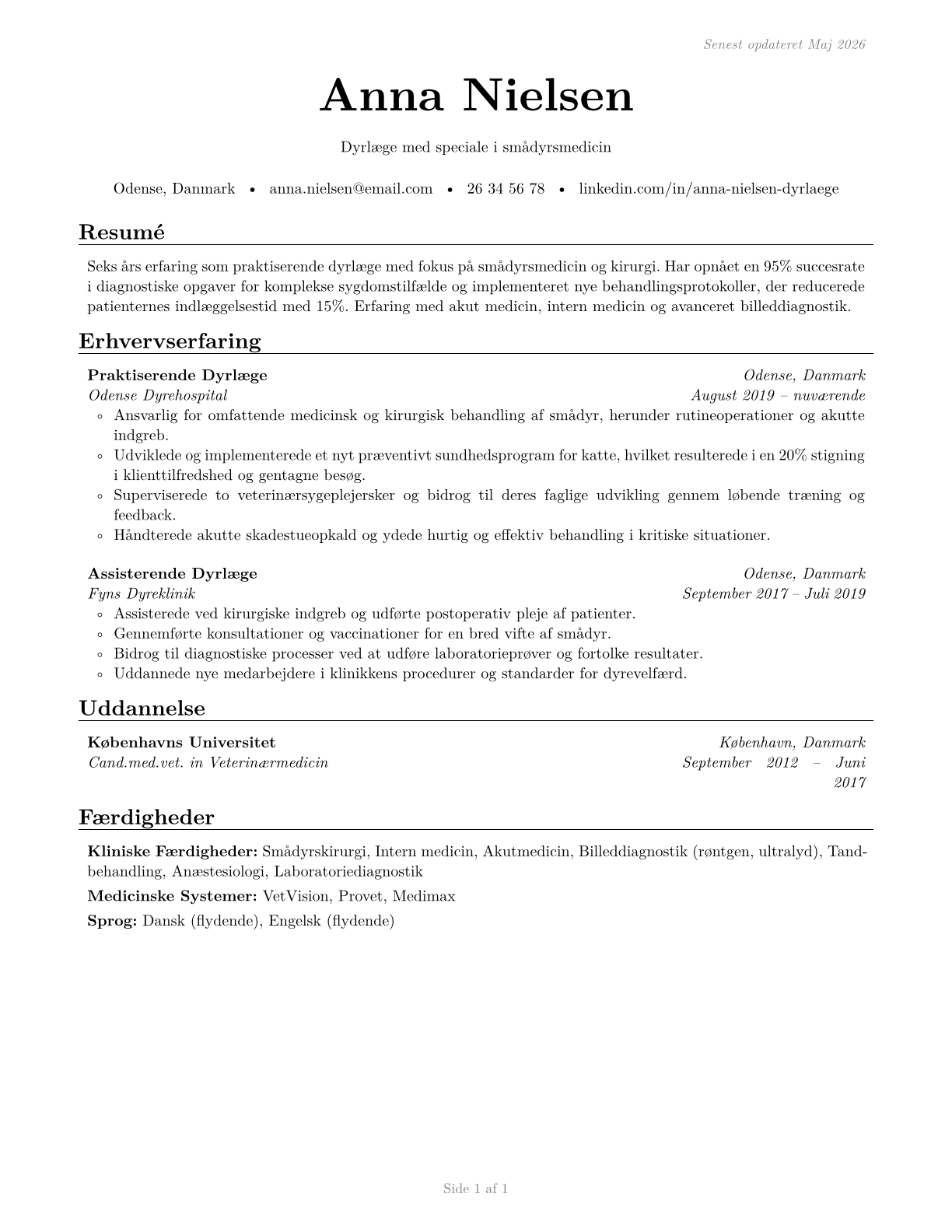 Veterinarians CV in Danish — page 1