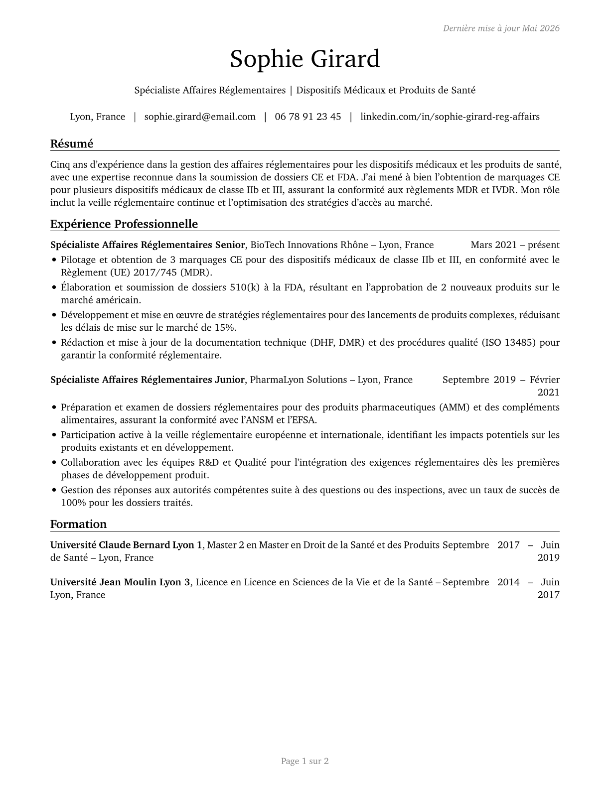 Regulatory Affairs Specialists CV in French — page 1