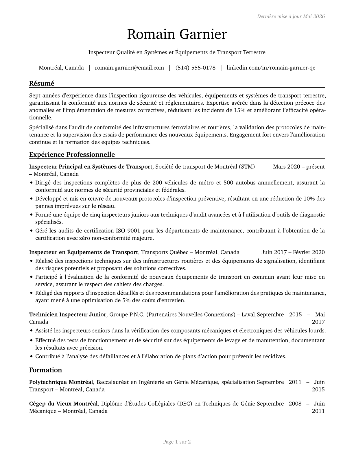 Transportation Vehicle, Equipment and Systems Inspectors, Except Aviation CV in French — page 1