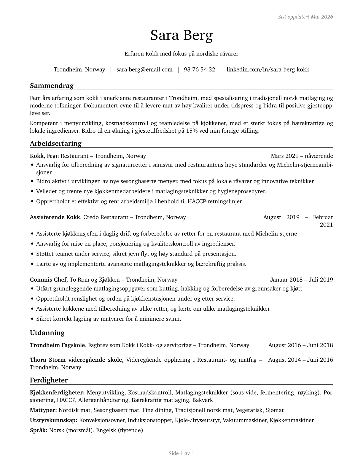 Cooks, All Other CV in Norwegian_bokmal — page 1