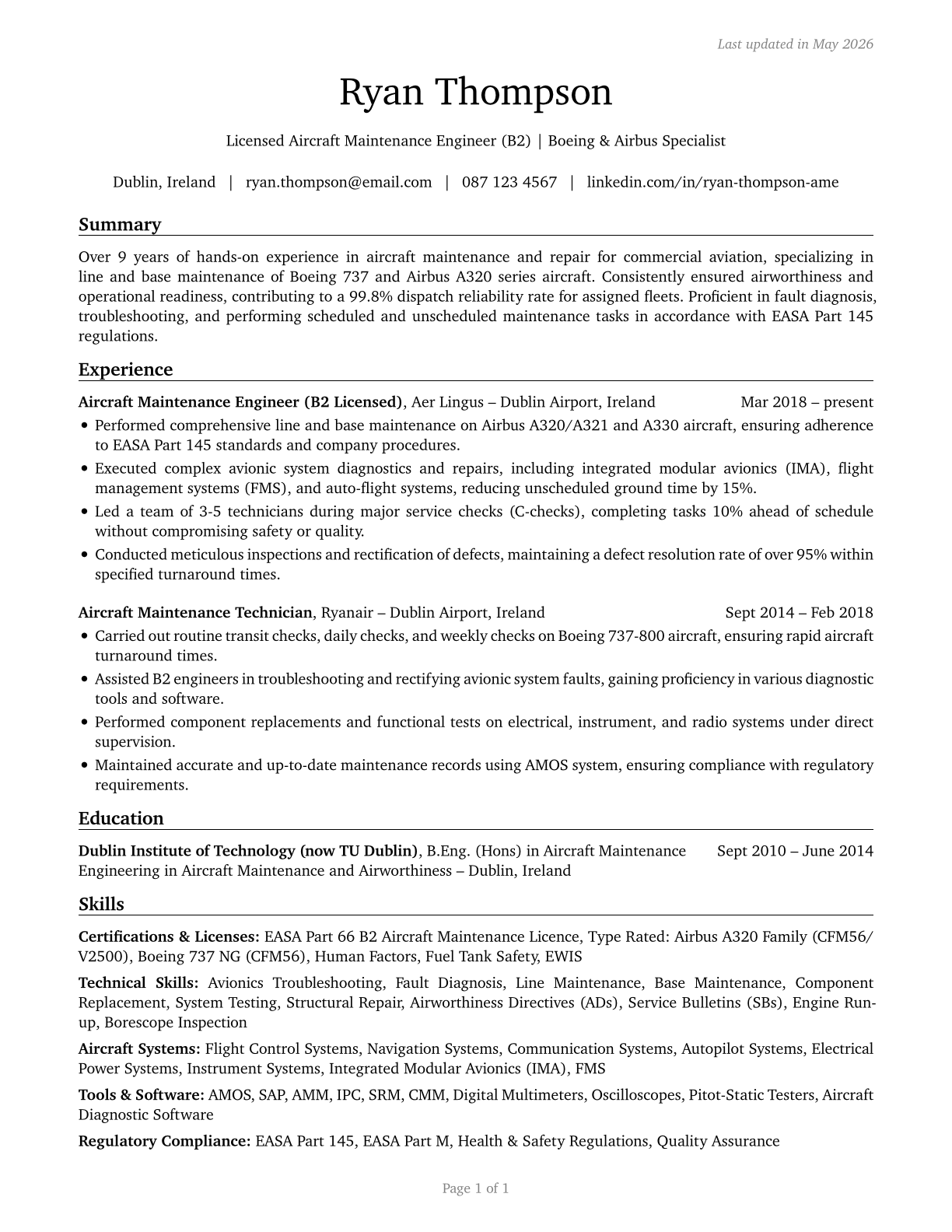 Aircraft Mechanics and Service Technicians CV in English — page 1