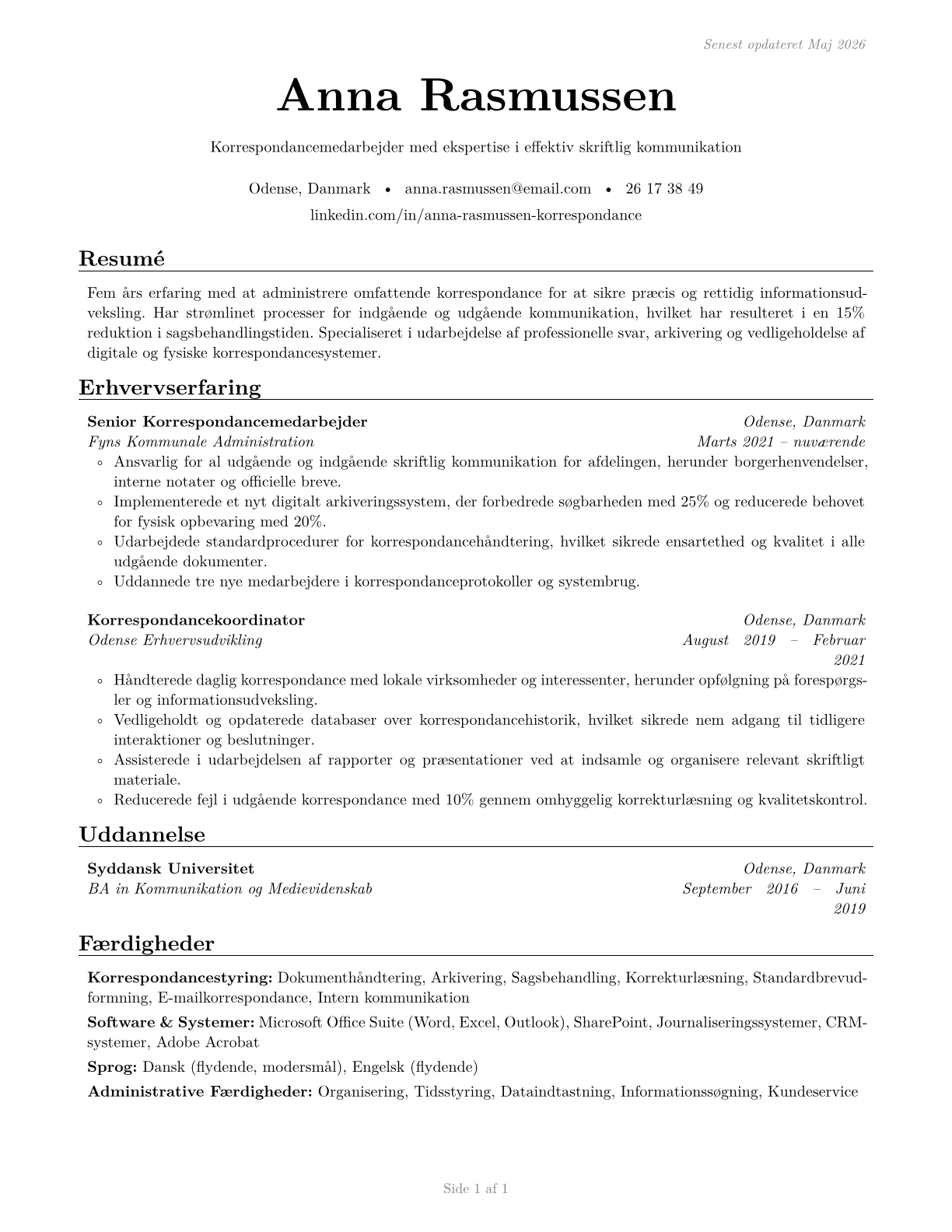Correspondence Clerks CV in Danish — page 1