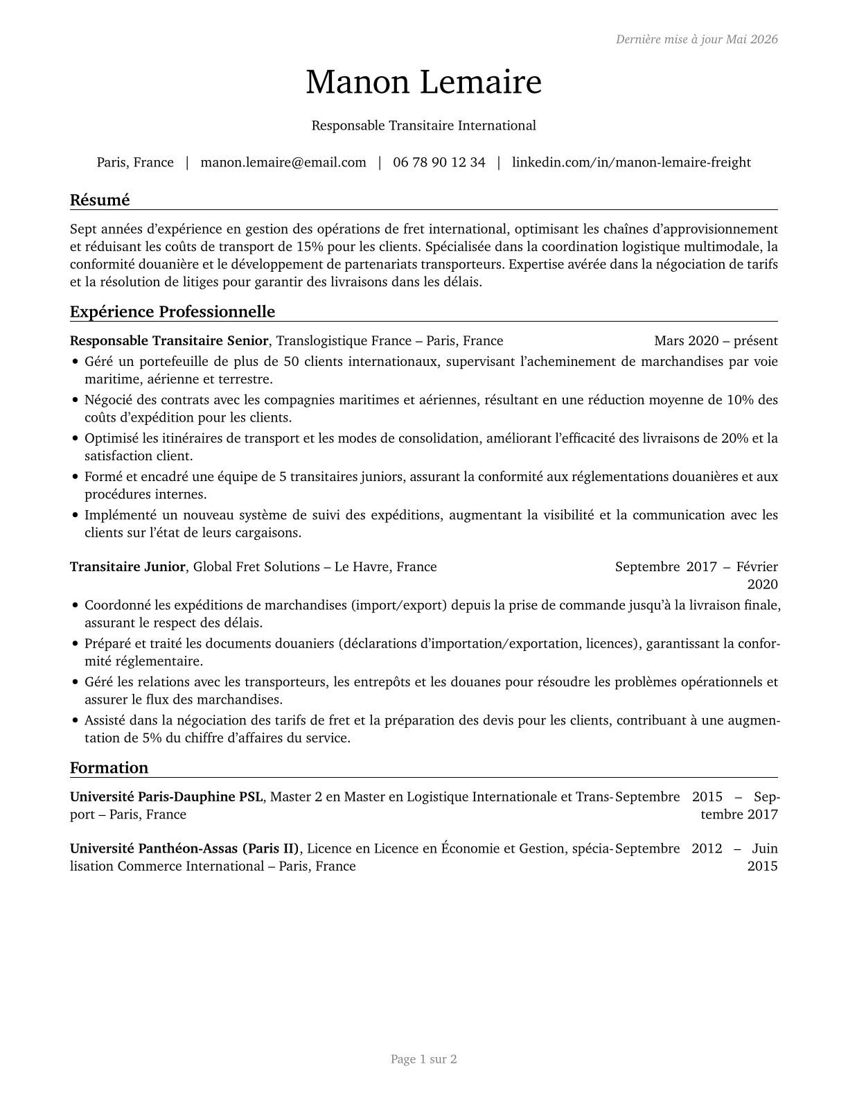 Freight Forwarders CV in French — page 1