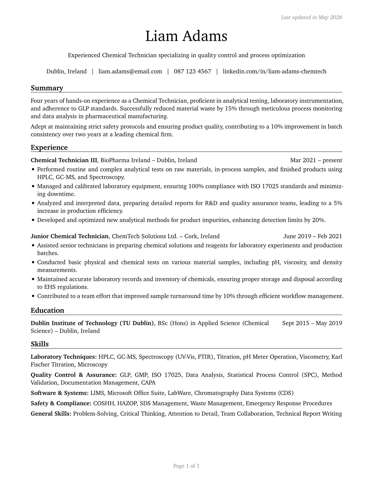 Chemical Technicians CV in English — page 1