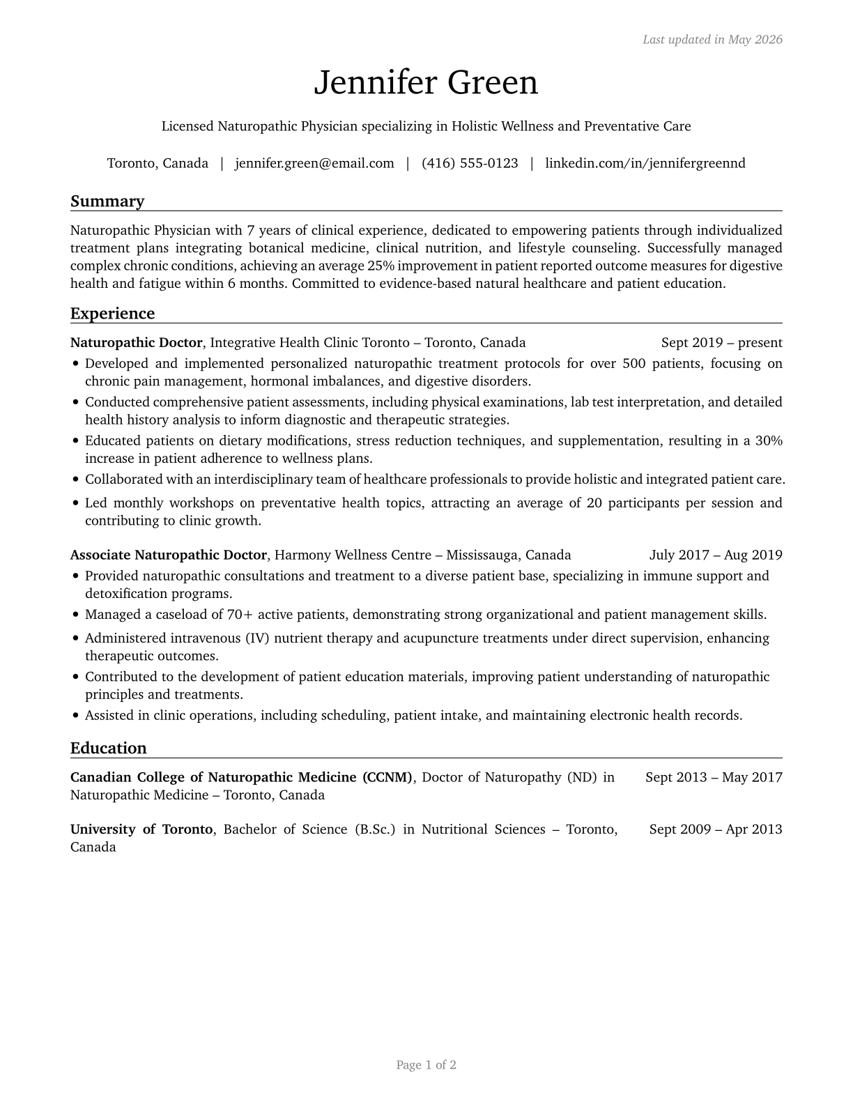 Naturopathic Physicians CV in English — page 1