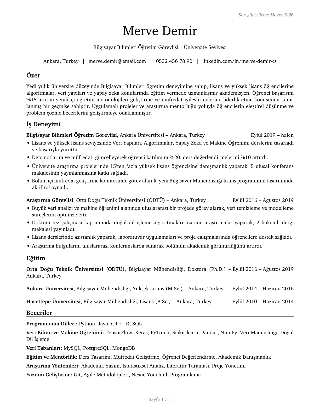Computer Science Teachers, Postsecondary CV in Turkish — page 1