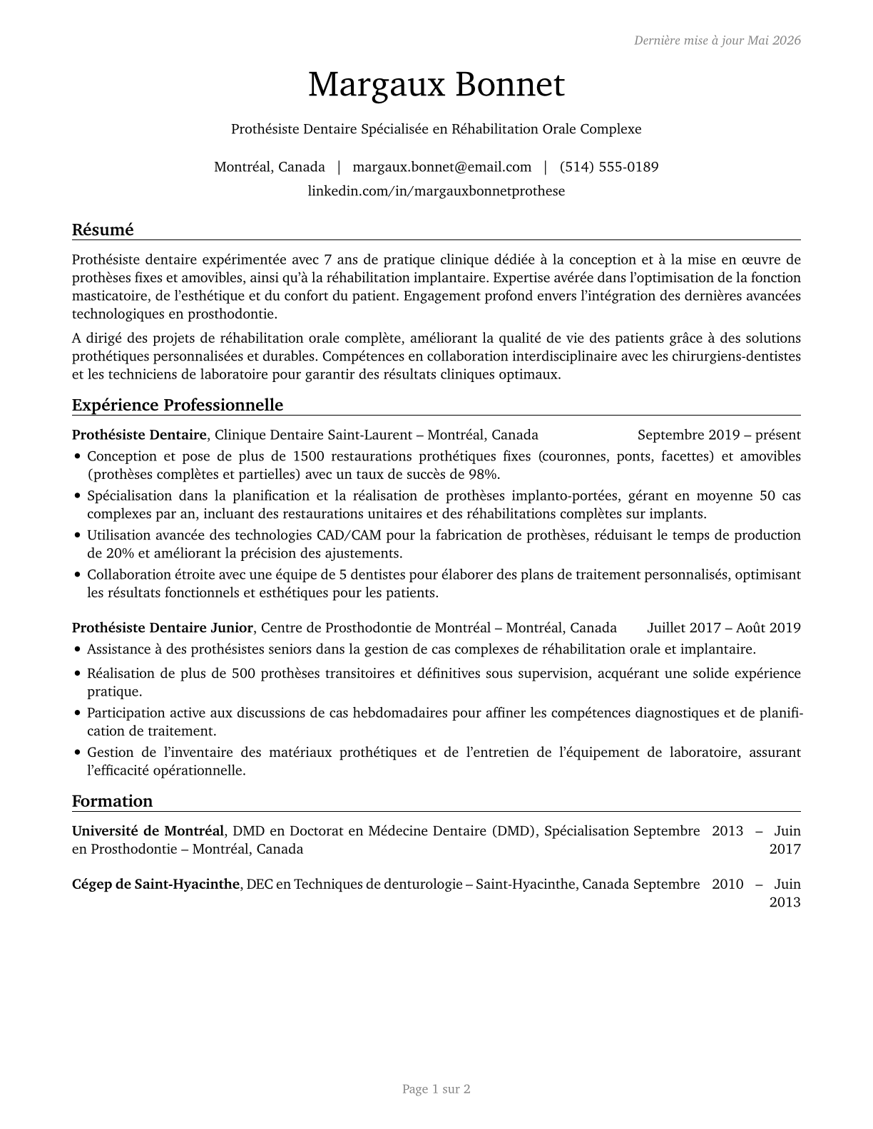 Prosthodontists CV in French — page 1