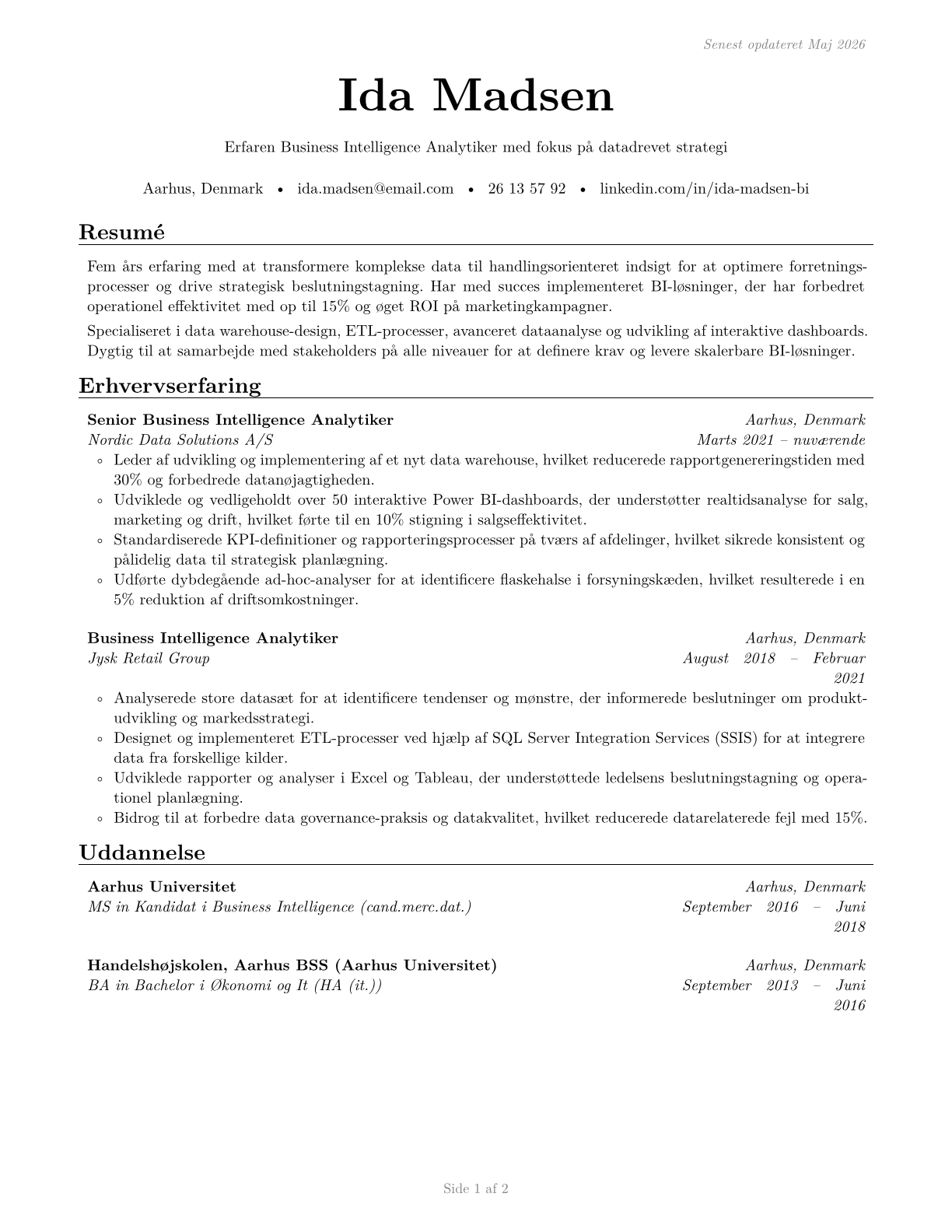 Business Intelligence Analysts CV in Danish — page 1