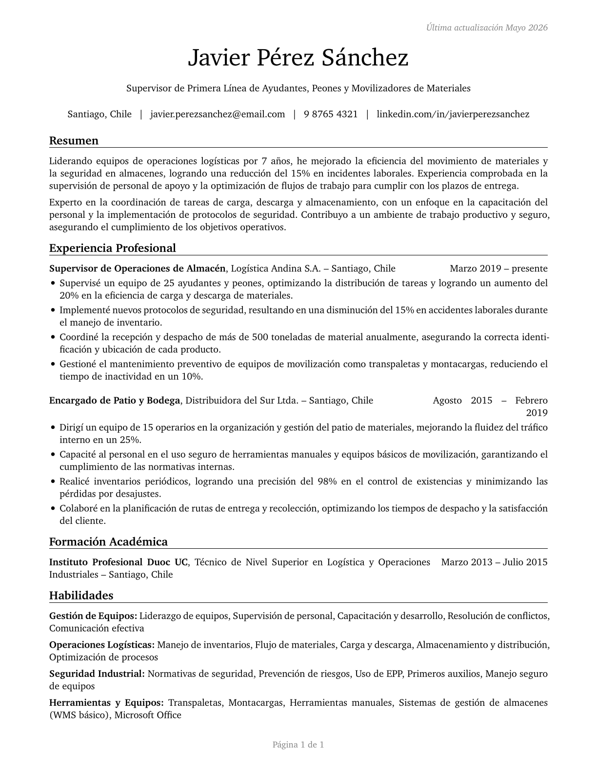 First-Line Supervisors of Helpers, Laborers, and Material Movers, Hand CV in Spanish — page 1