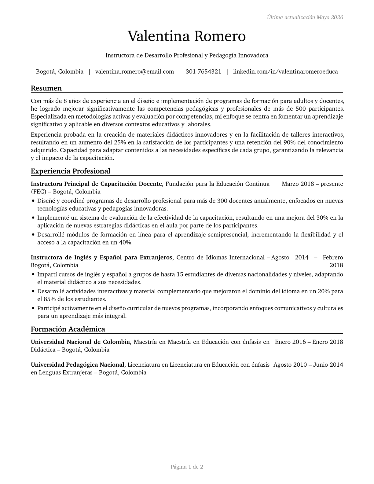 Teachers and Instructors, All Other CV in Spanish — page 1
