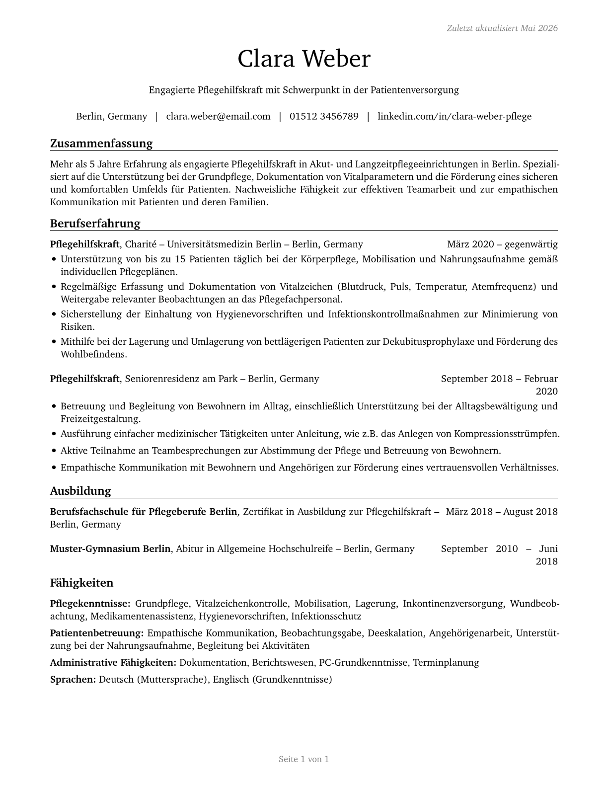 Nursing Assistants CV in German — page 1
