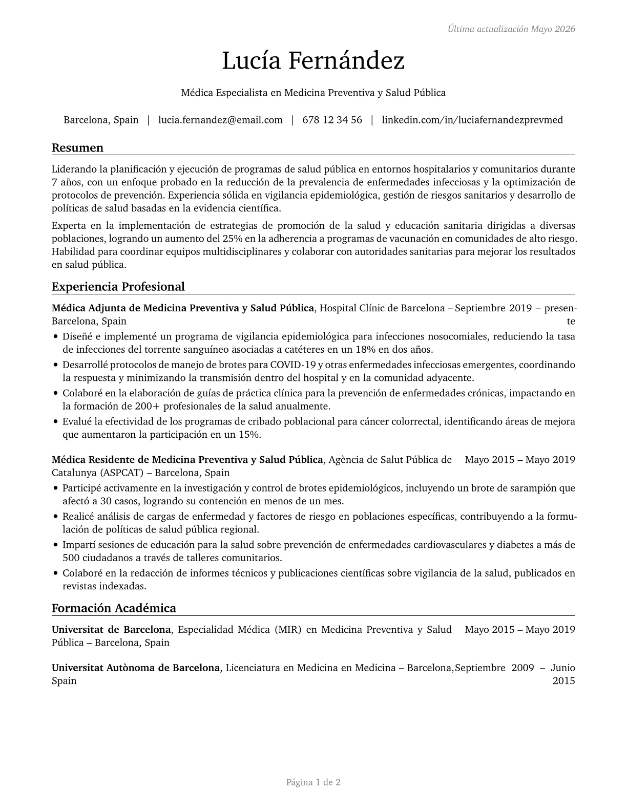Preventive Medicine Physicians CV in Spanish — page 1