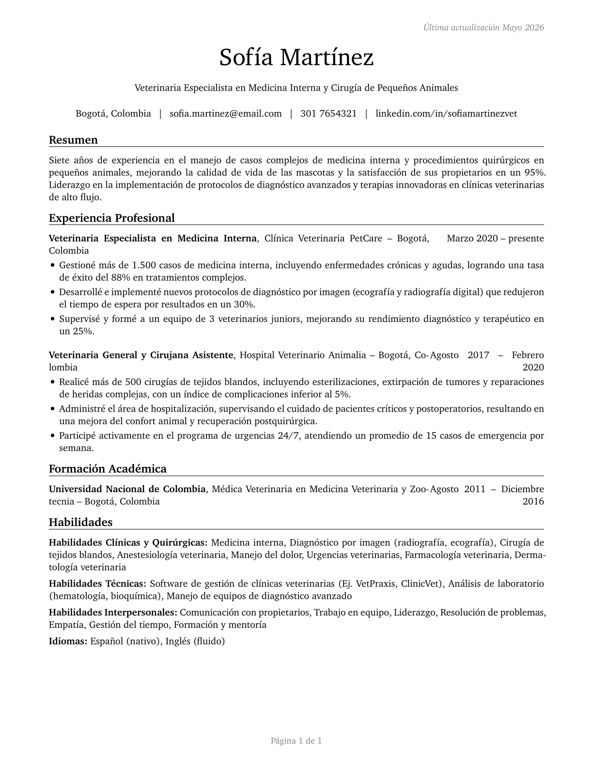Veterinarians CV in Spanish — page 1