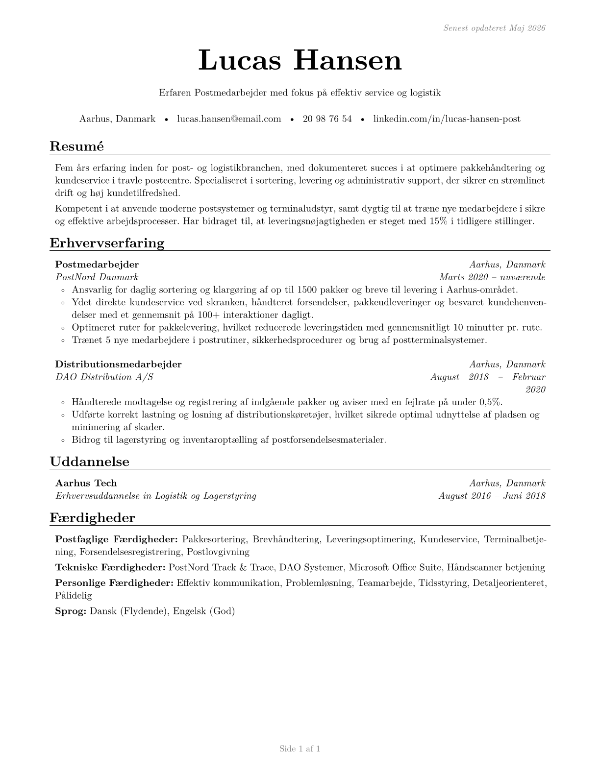 Postal Service Clerks CV in Danish — page 1