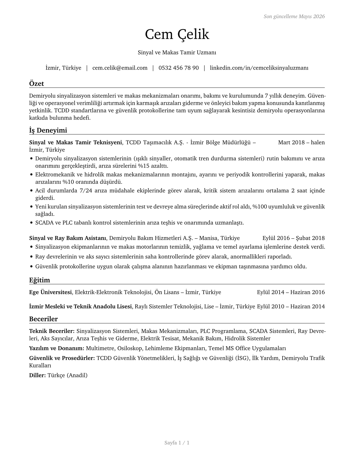 Signal and Track Switch Repairers CV in Turkish — page 1