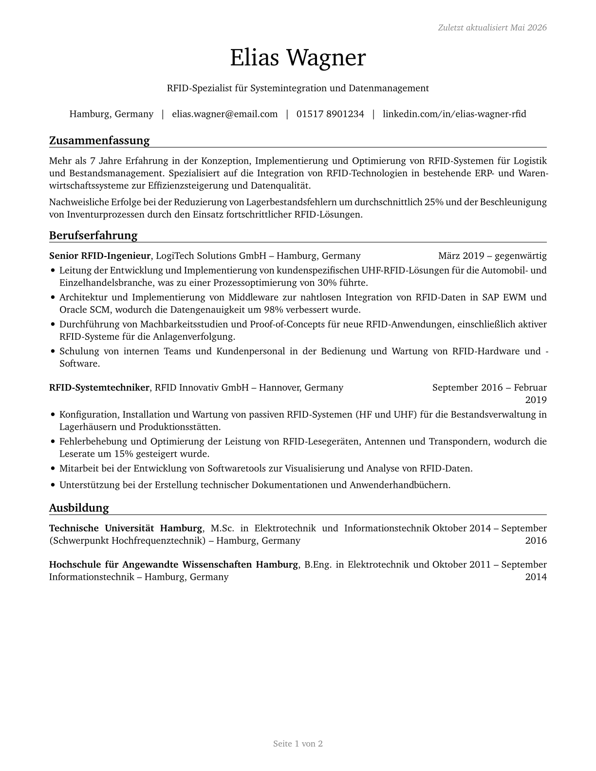 Radio Frequency Identification Device Specialists CV in German — page 1