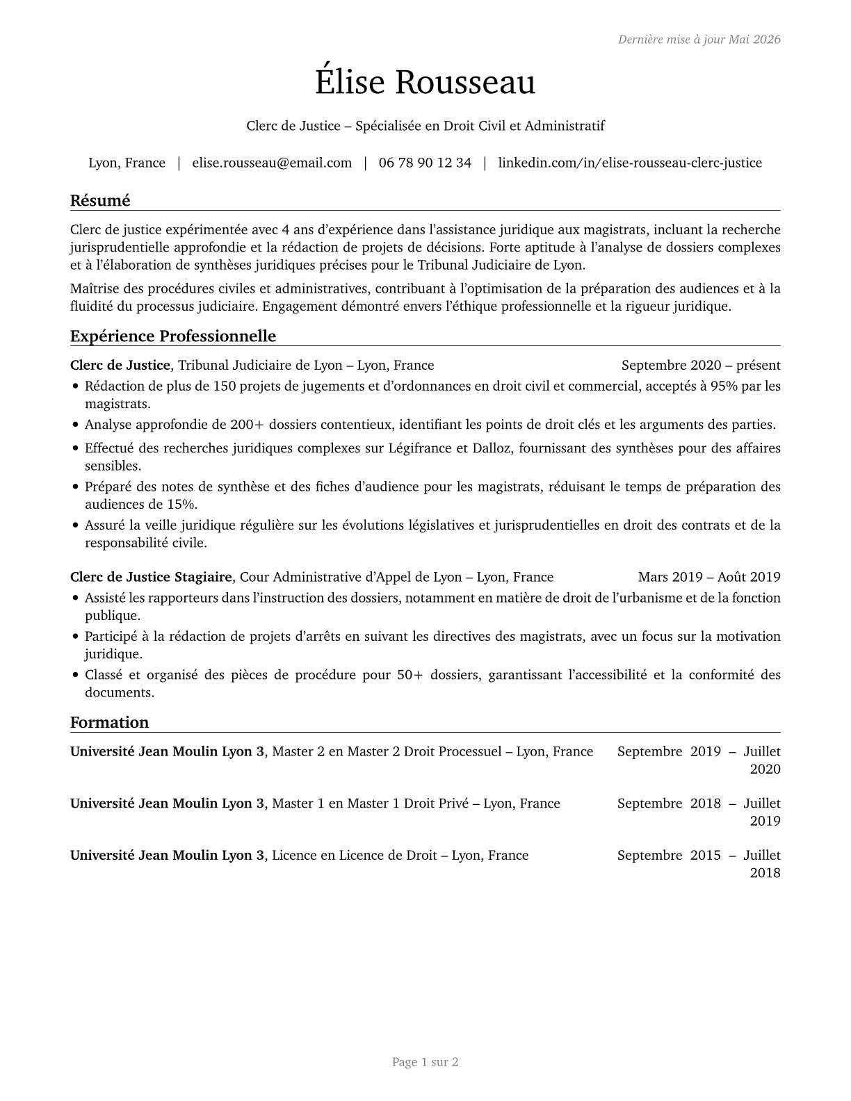 Judicial Law Clerks CV in French — page 1