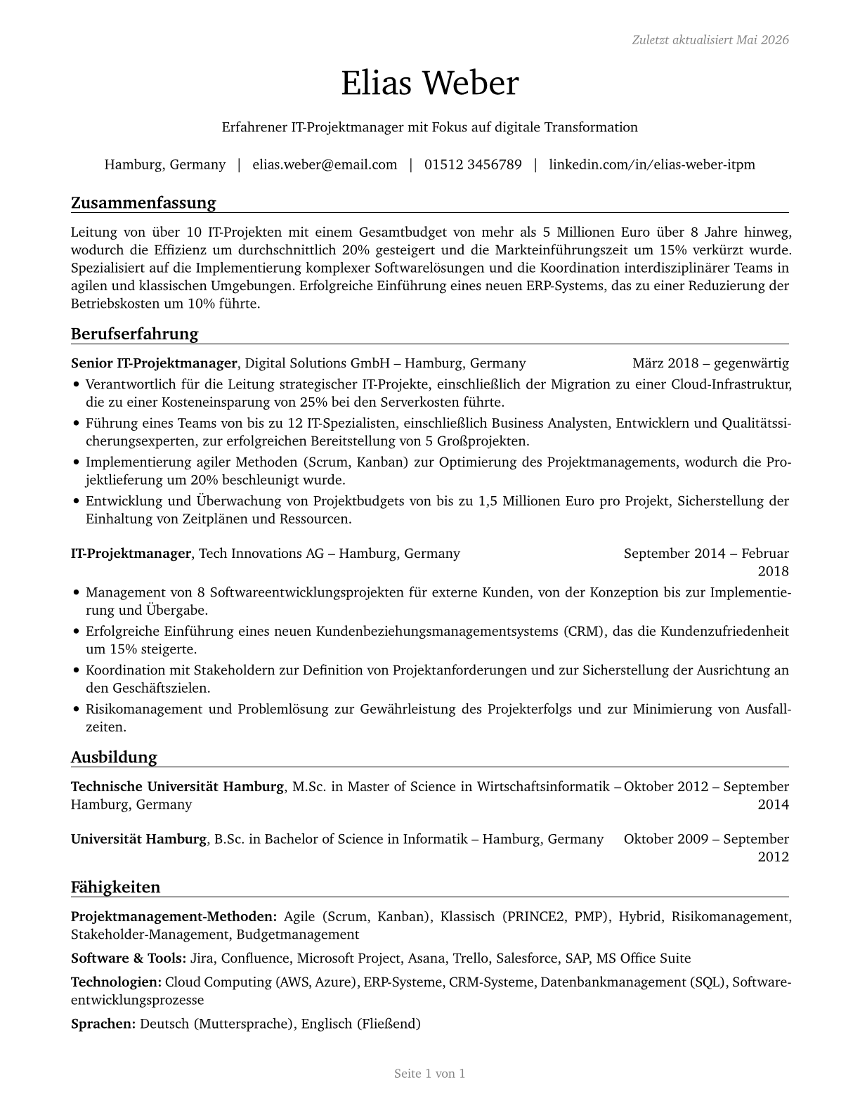 Information Technology Project Managers CV in German — page 1