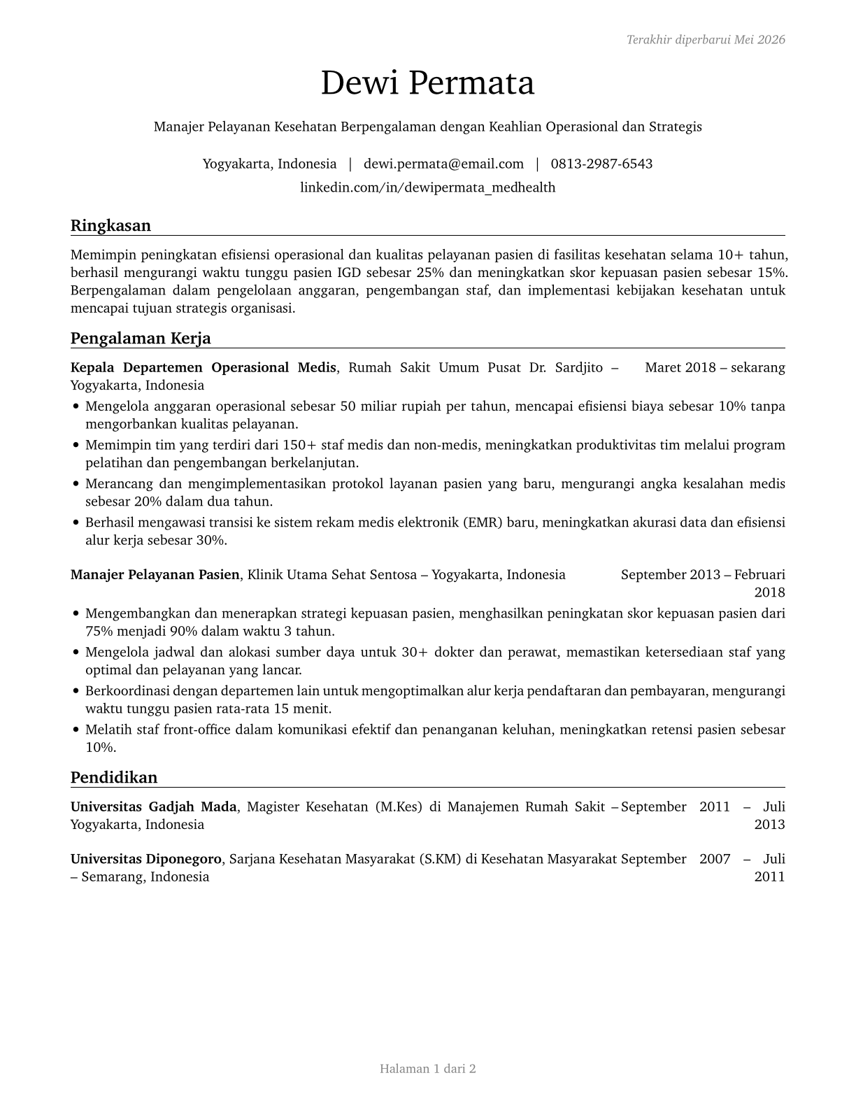 Medical and Health Services Managers CV in Indonesian — page 1