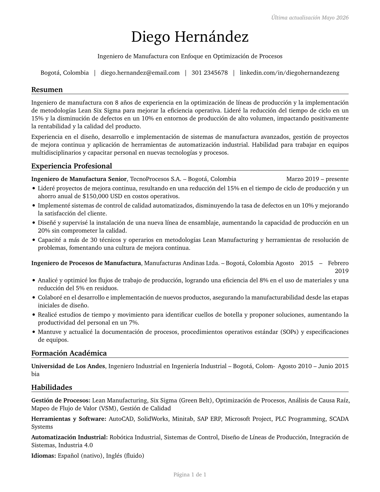 Manufacturing Engineers CV in Spanish — page 1