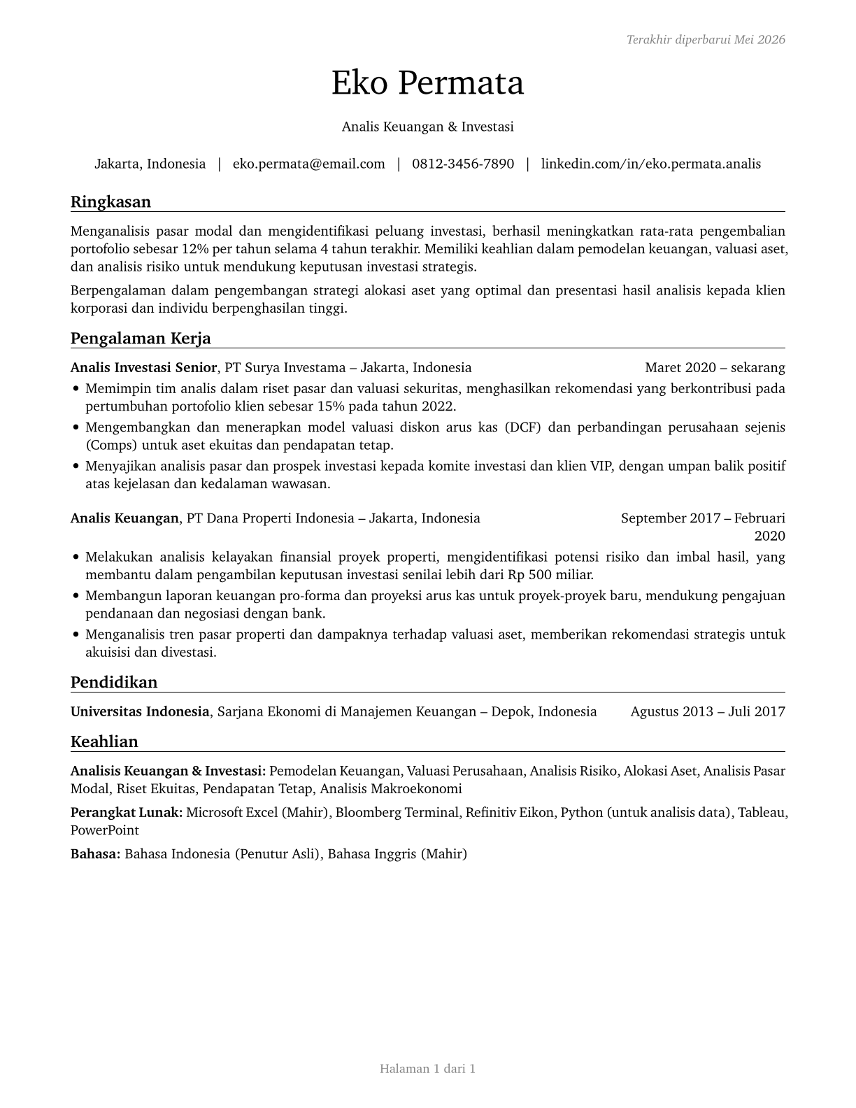 Financial and Investment Analysts CV in Indonesian — page 1