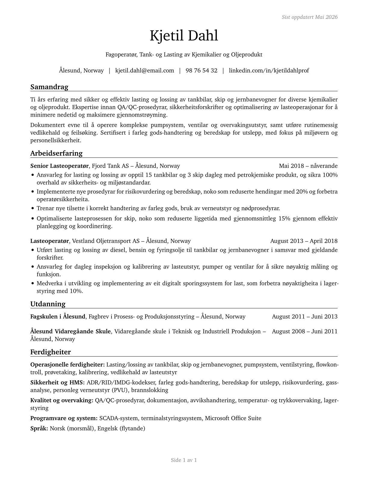 Tank Car, Truck, and Ship Loaders CV in Norwegian_nynorsk — page 1
