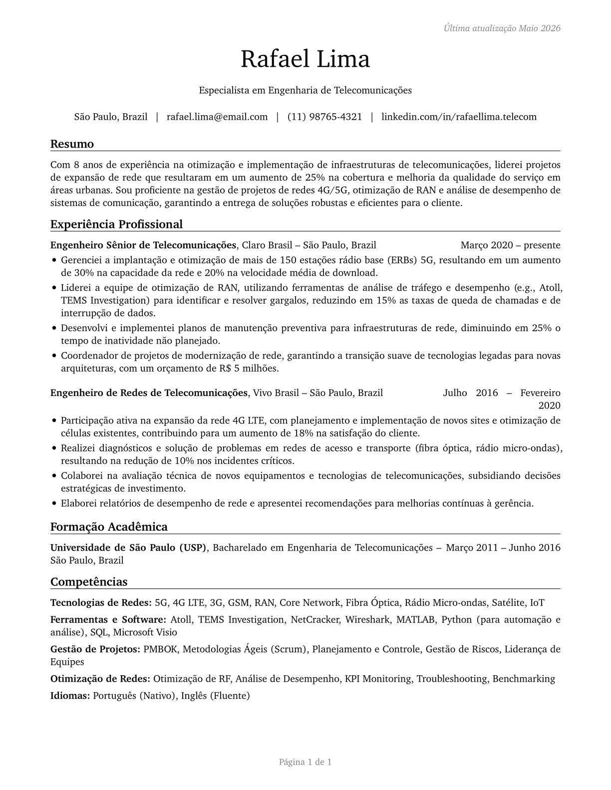 Telecommunications Engineering Specialists CV in Portuguese — page 1