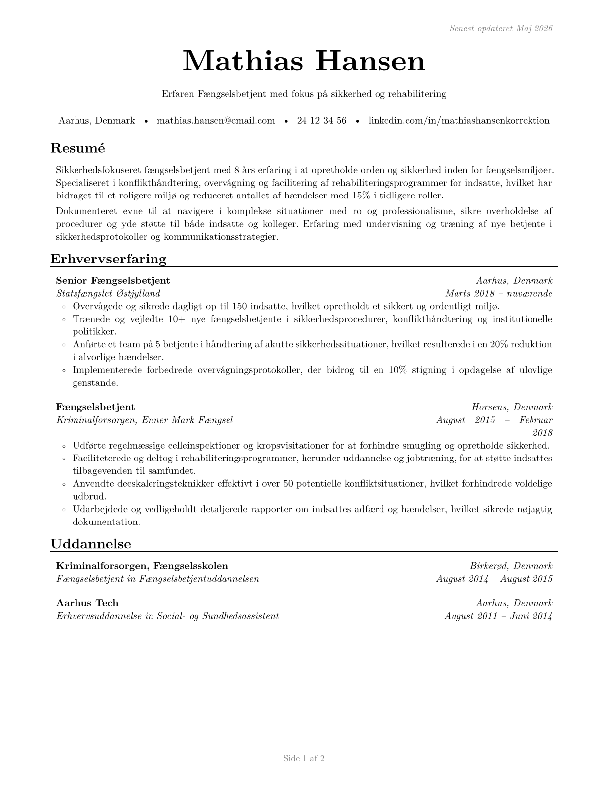 Correctional Officers and Jailers CV in Danish — page 1