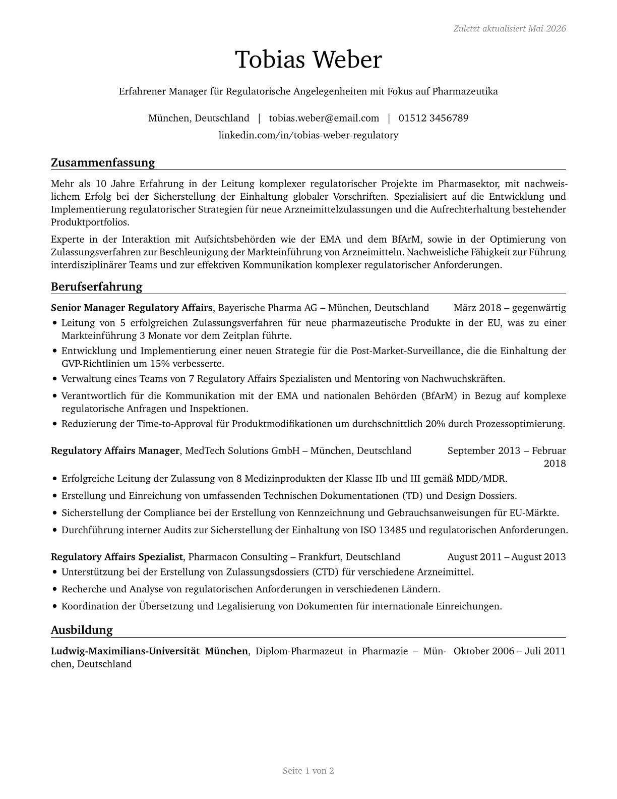 Regulatory Affairs Managers CV in German — page 1