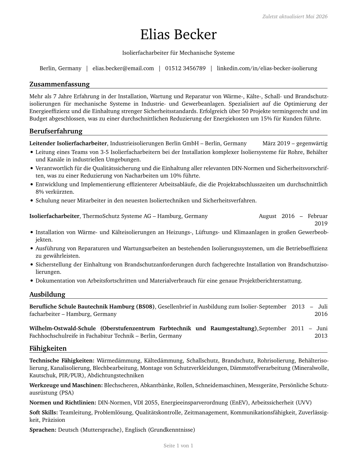 Insulation Workers, Mechanical CV in German — page 1