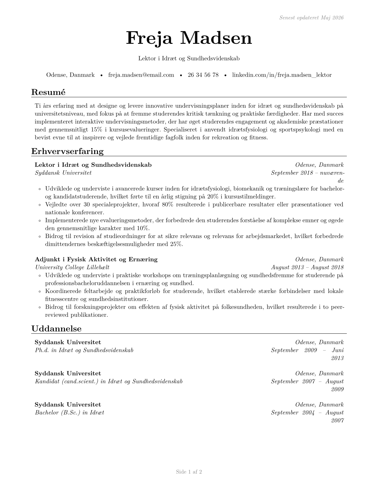 Recreation and Fitness Studies Teachers, Postsecondary CV in Danish — page 1
