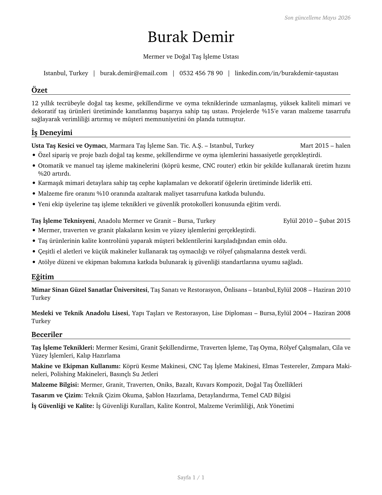 Stone Cutters and Carvers, Manufacturing CV in Turkish — page 1