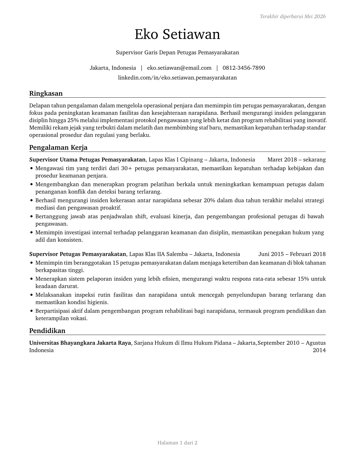First-Line Supervisors of Correctional Officers CV in Indonesian — page 1