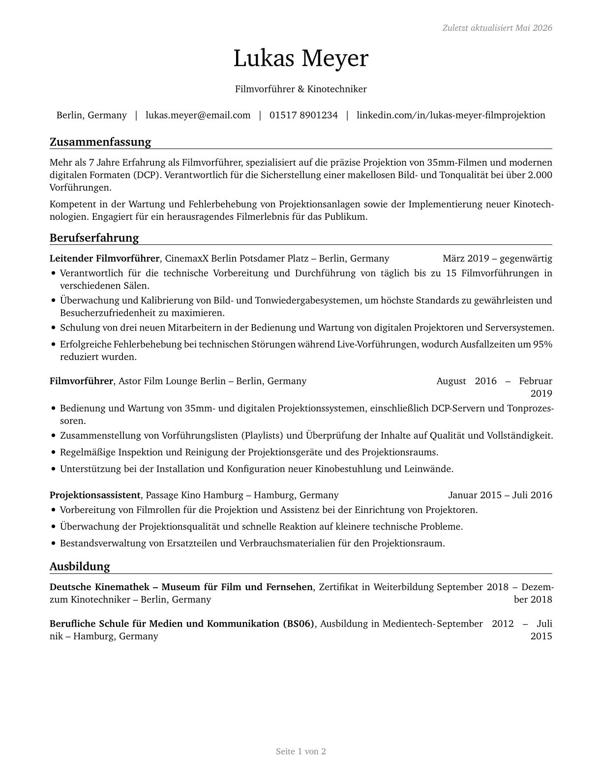 Motion Picture Projectionists CV in German — page 1