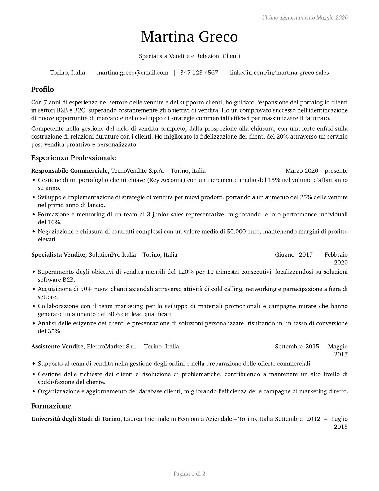 Sales and Related Workers, All Other CV in Italian — page 1