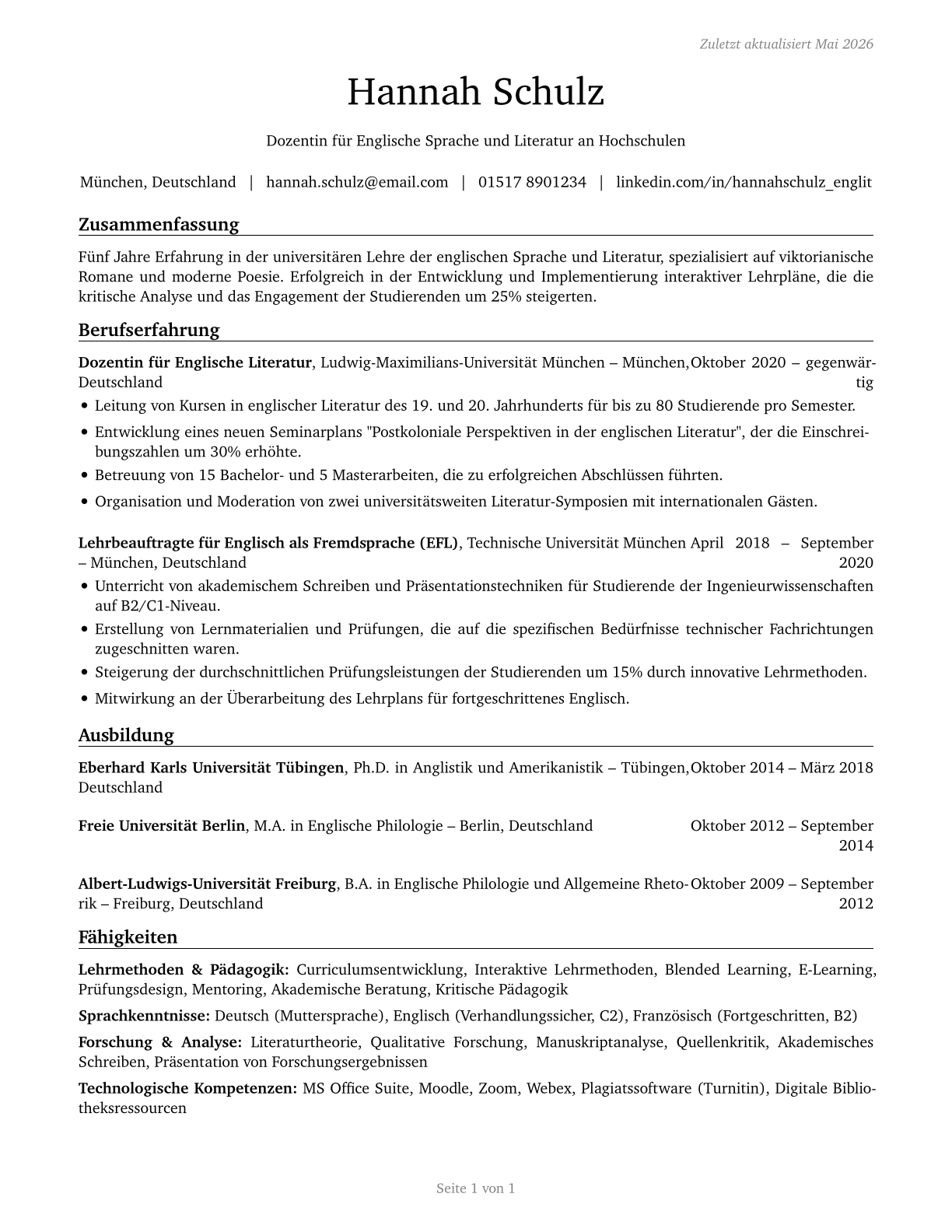 English Language and Literature Teachers, Postsecondary CV in German — page 1