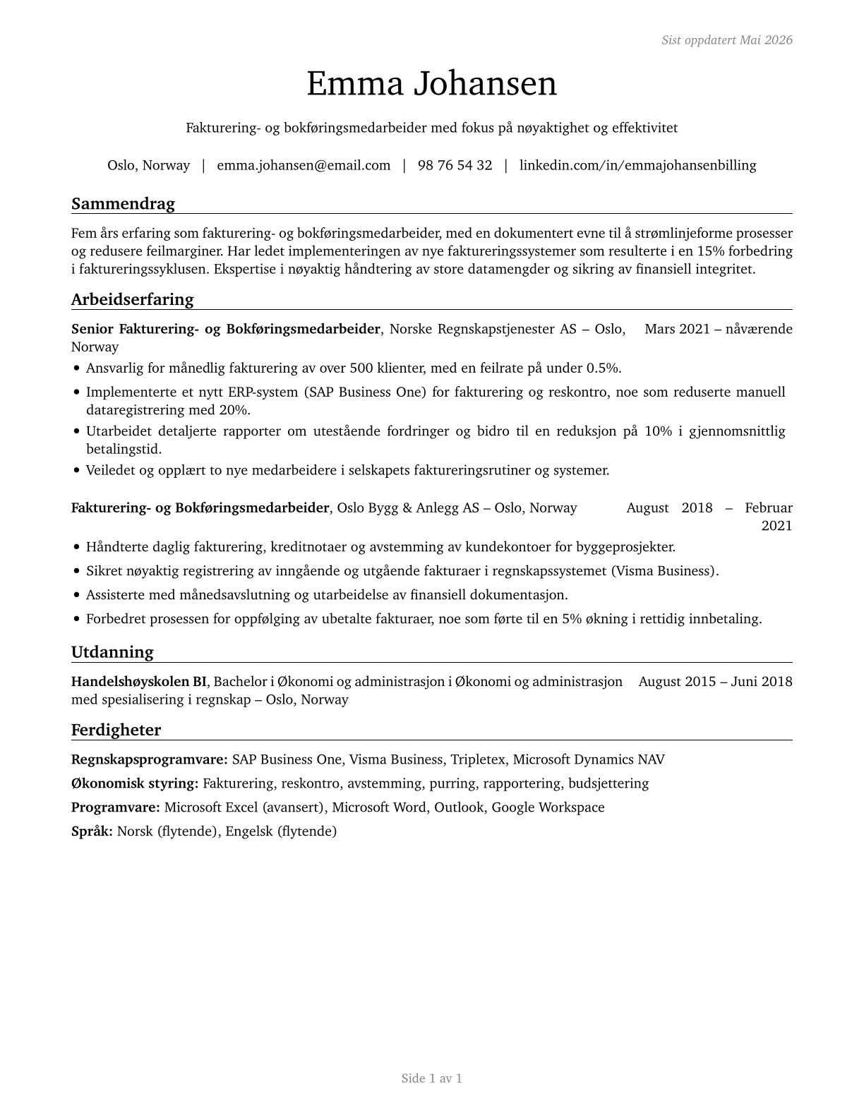 Billing and Posting Clerks CV in Norwegian_bokmal — page 1