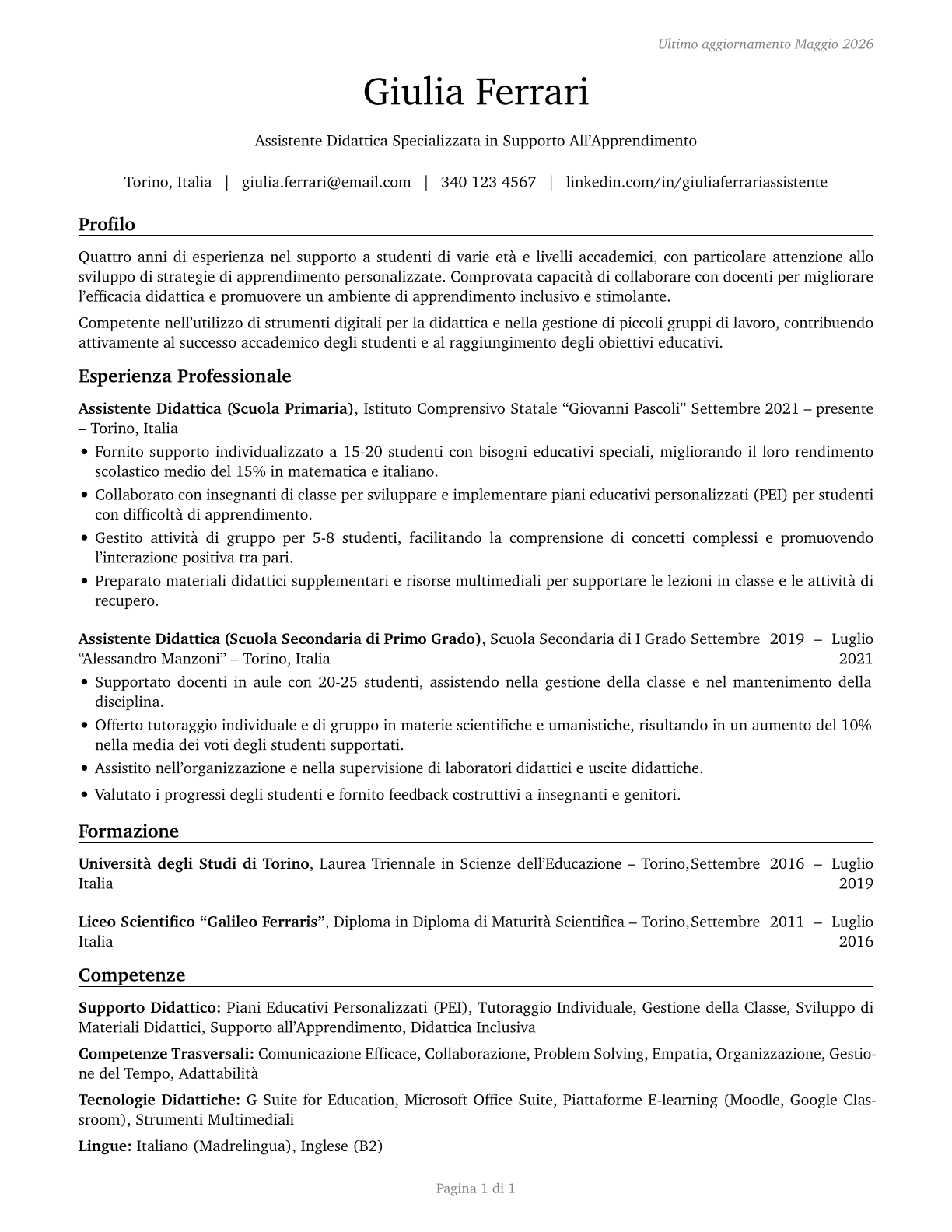 Teaching Assistants, All Other CV in Italian — page 1