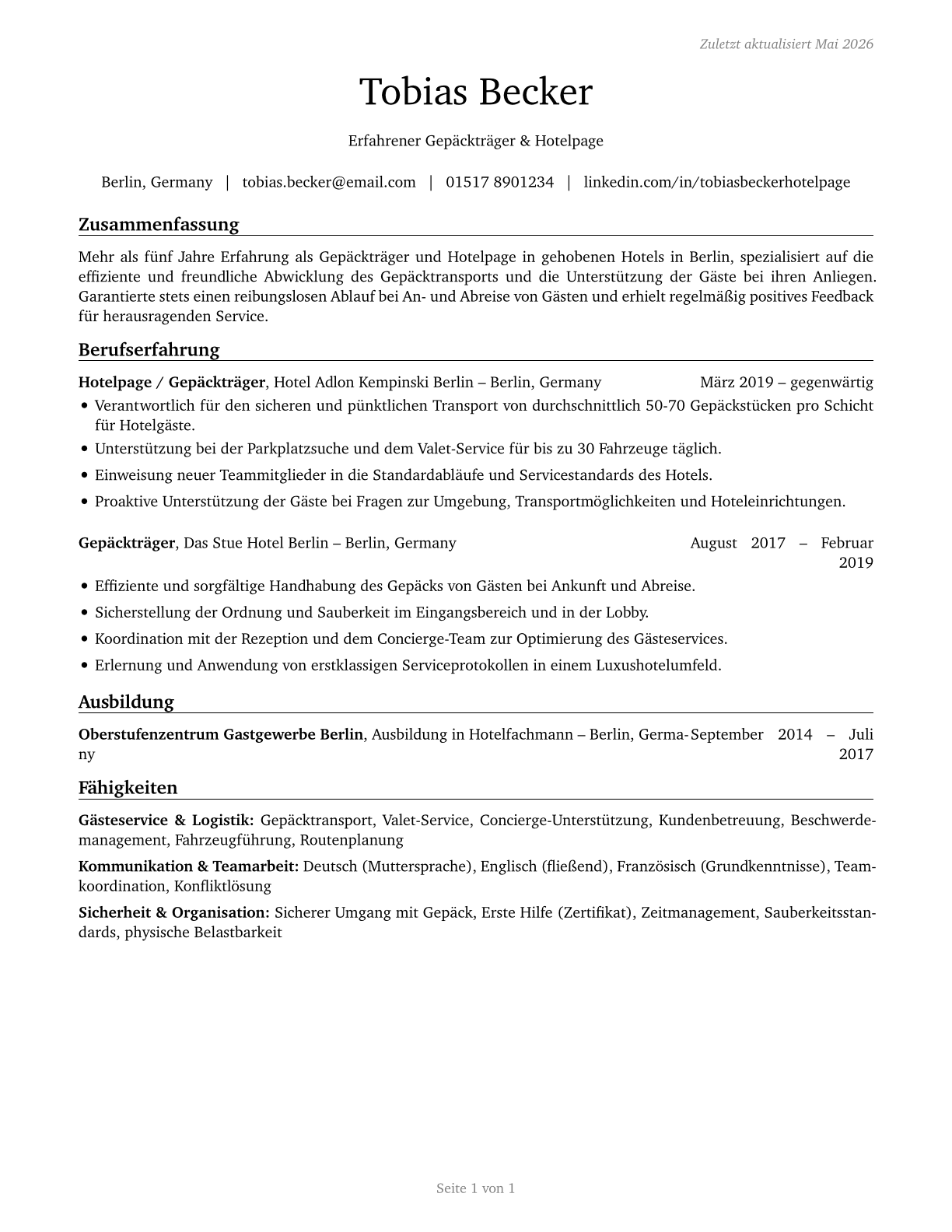 Baggage Porters and Bellhops CV in German — page 1
