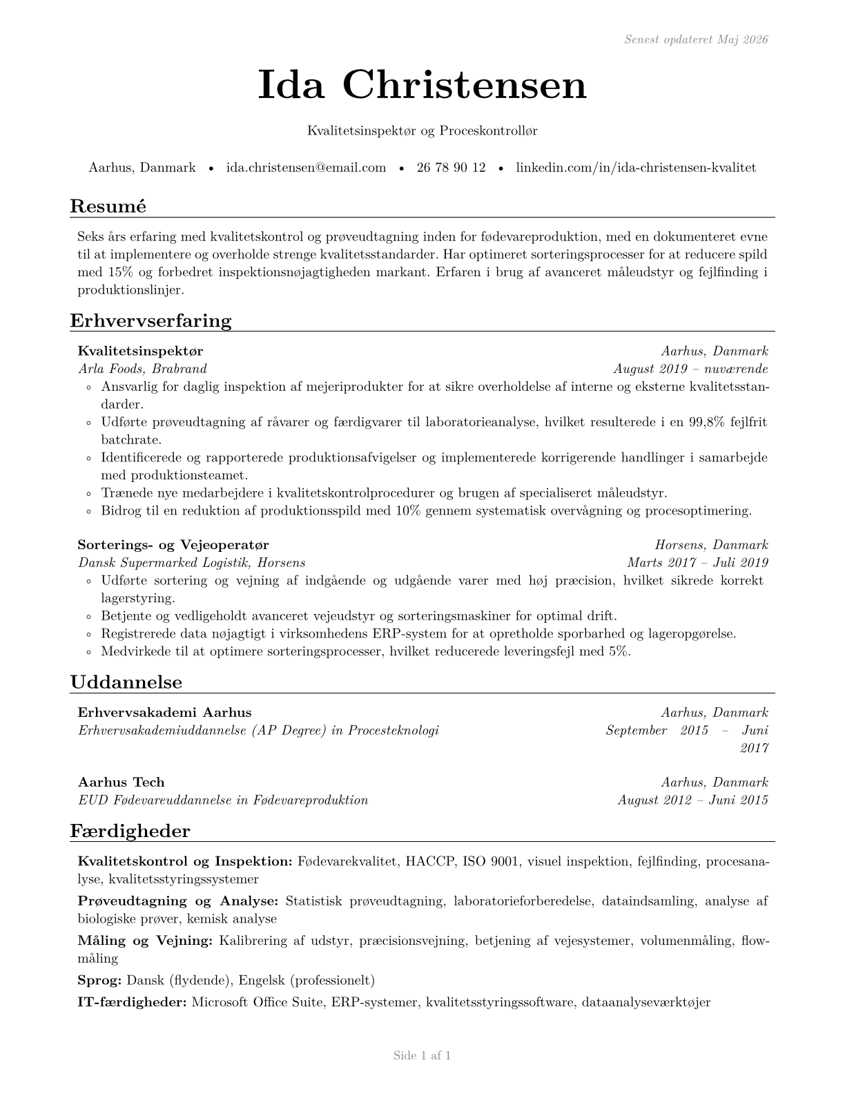 Inspectors, Testers, Sorters, Samplers, and Weighers CV in Danish — page 1