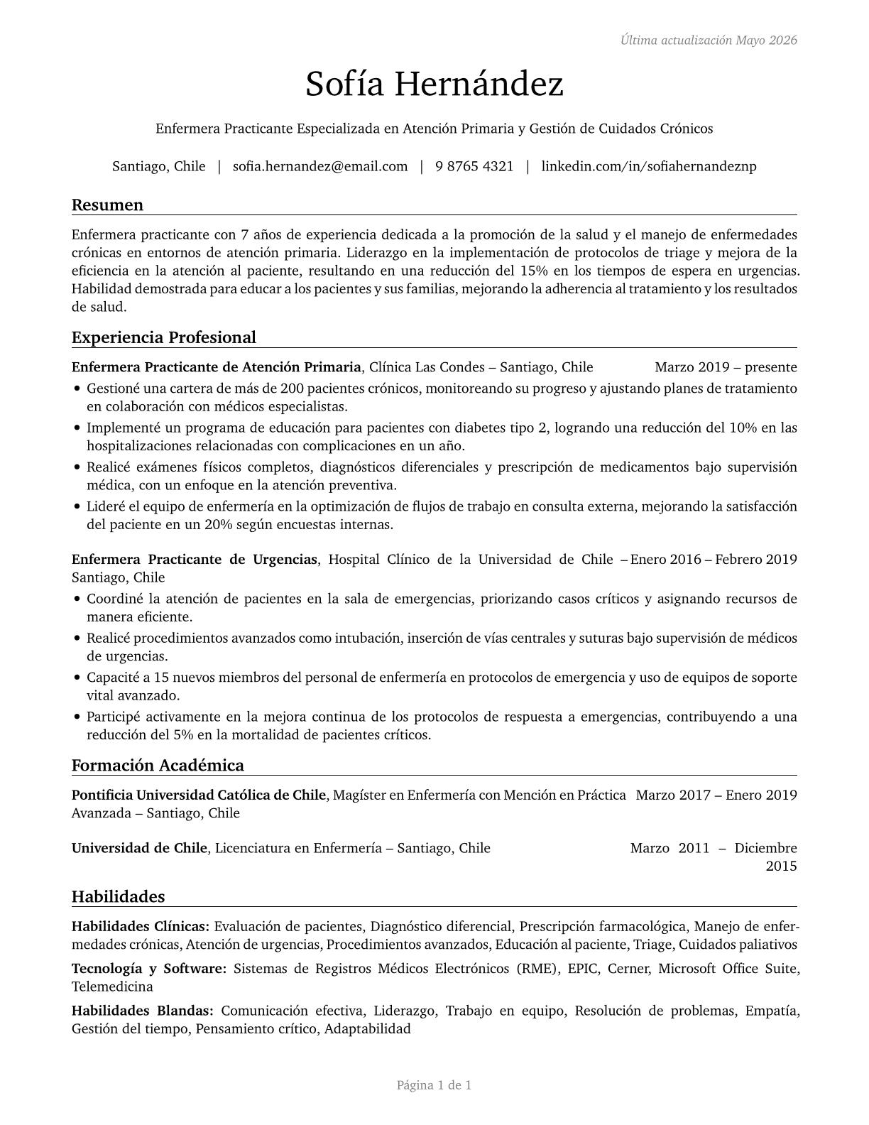 Nurse Practitioners CV in Spanish — page 1