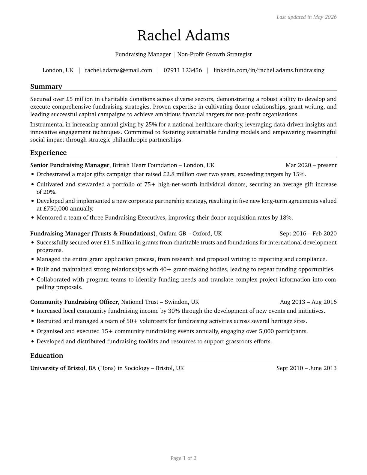 Fundraising Managers CV in English — page 1