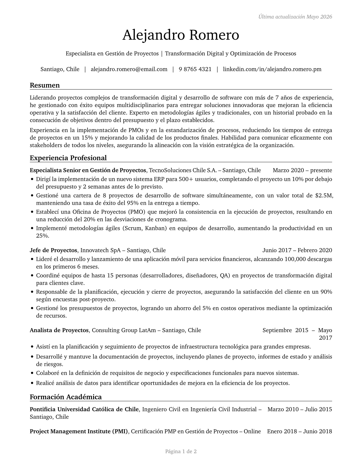 Project Management Specialists CV in Spanish — page 1