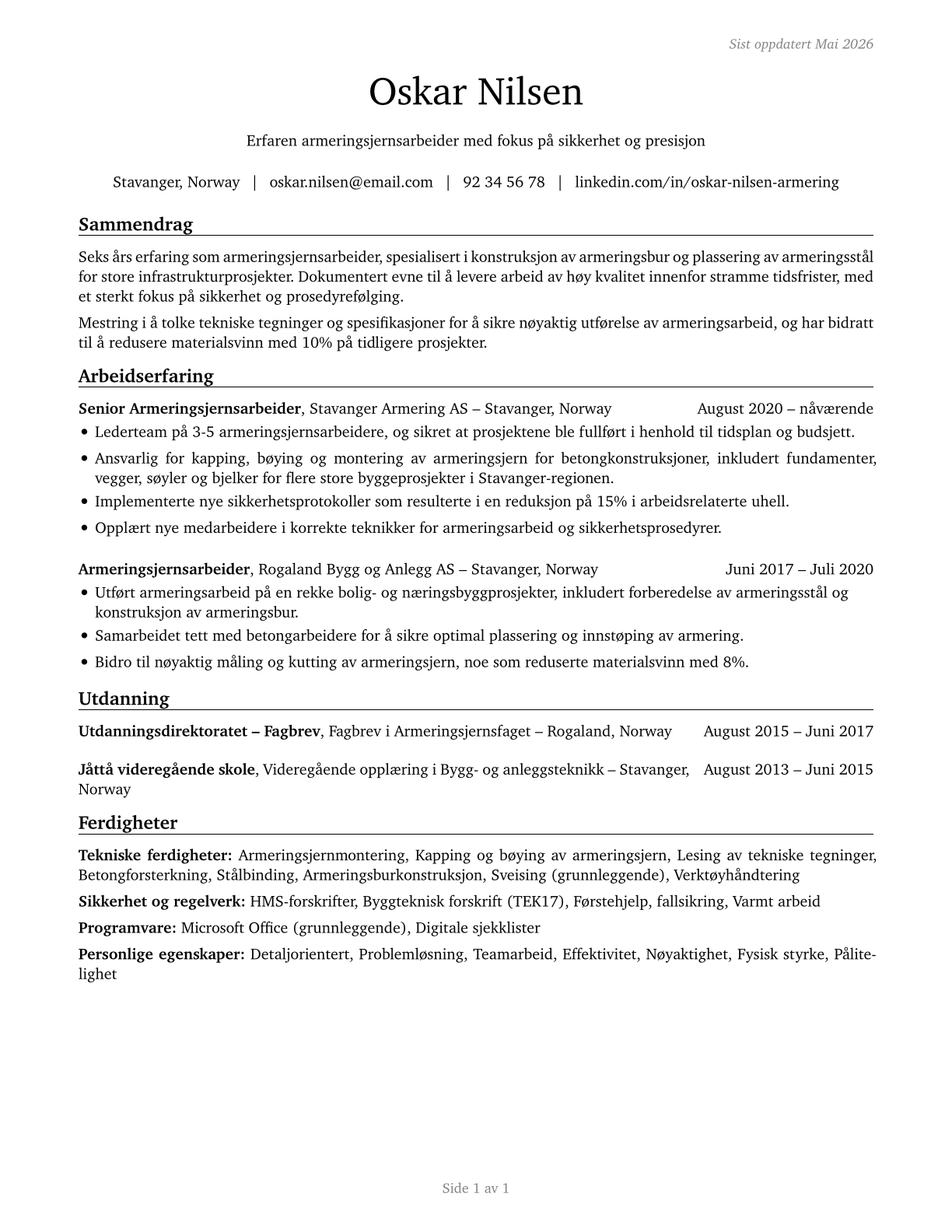 Reinforcing Iron and Rebar Workers CV in Norwegian_bokmal — page 1