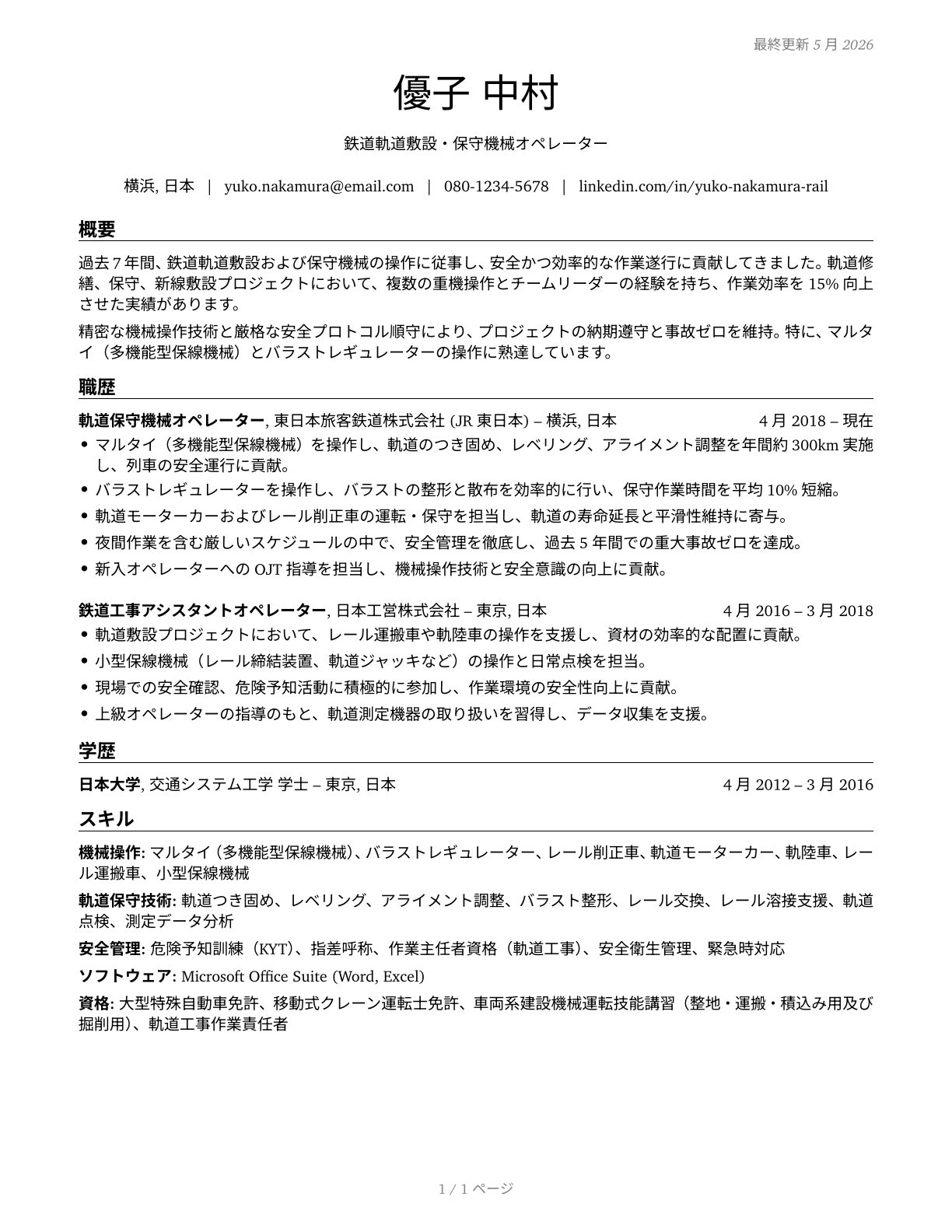 Rail-Track Laying and Maintenance Equipment Operators CV in Japanese — page 1