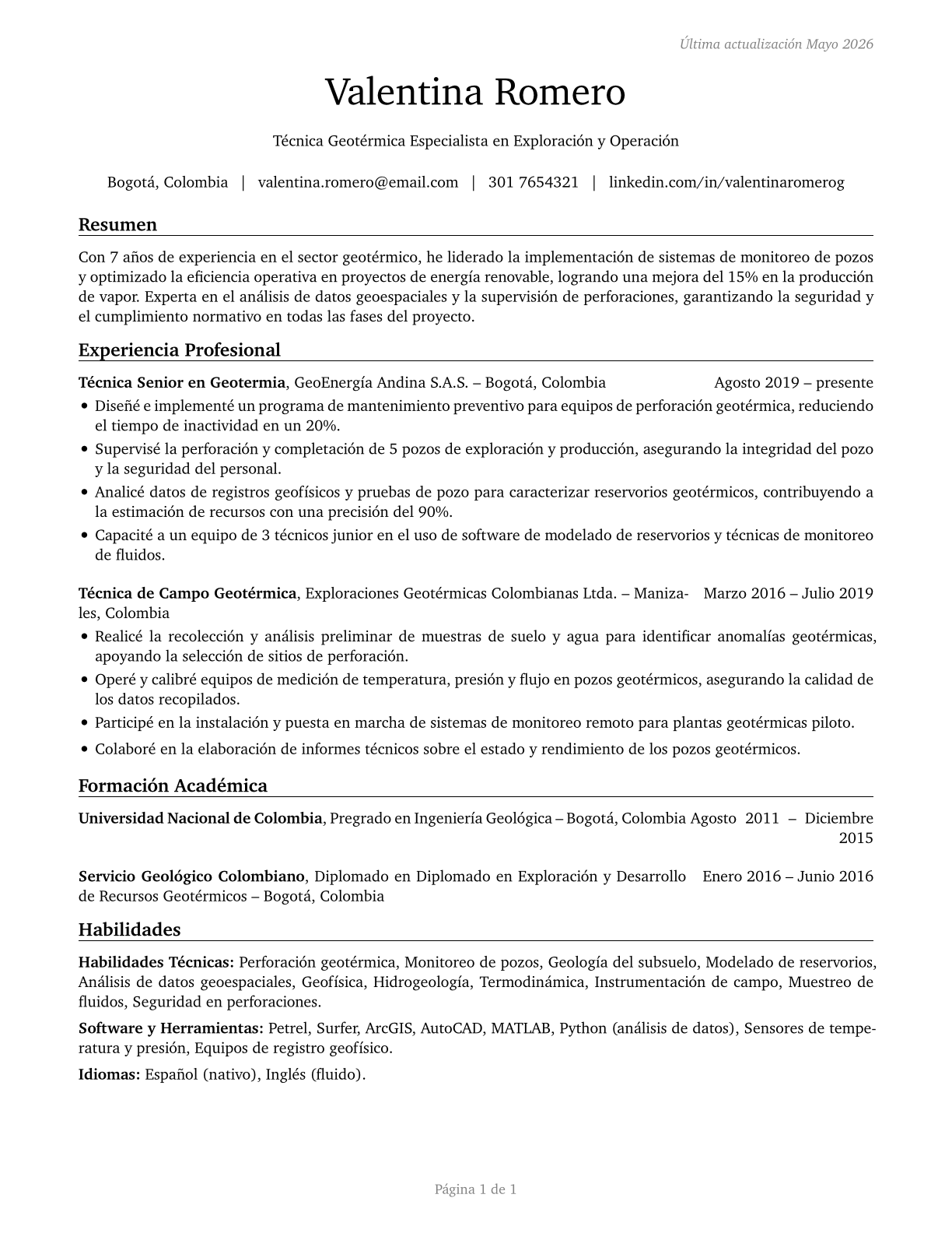 Geothermal Technicians CV in Spanish — page 1